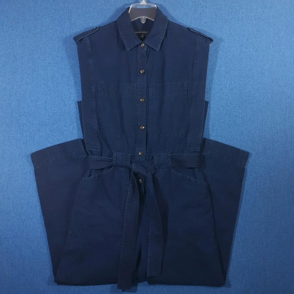 Banana Republic Linen Blend Jumpsuit Size S Tall Indigo Utility One Piece Safari